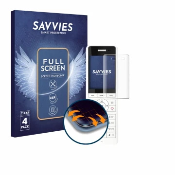 Parte frontal de un envase de producto con el logotipo de la marca Savvies. Al lado se muestra el dispositivo AVM Fritz!Fon X6