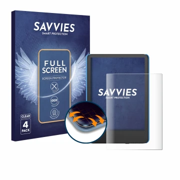 Parte frontal de un envase de producto con el logotipo de la marca Savvies. Al lado se muestra el dispositivo Amazon Kindle Ki