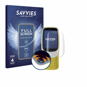 Parte frontal de un envase de producto con el logotipo de la marca Savvies. Al lado se muestra el dispositivo Nokia 3210 con s