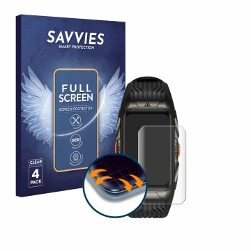 Parte frontal de un envase de producto con el logotipo de la marca Savvies. Al lado se muestra el dispositivo Kospet Tank X2 U