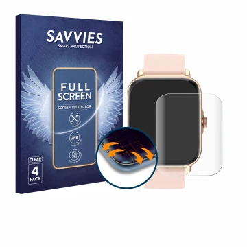 Parte frontal de un envase de producto con el logotipo de la marca Savvies. Al lado se muestra el dispositivo Janolty Smartwat