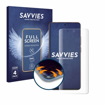 Parte frontal de un envase de producto con el logotipo de la marca Savvies. Al lado se muestra el dispositivo realme GT 7 Pro 