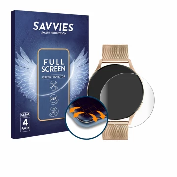 Parte frontal de un envase de producto con el logotipo de la marca Savvies. Al lado se muestra el dispositivo Levowatch Edgy 1