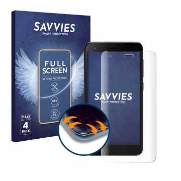 Parte frontal de un envase de producto con el logotipo de la marca Savvies. Al lado se muestra el dispositivo ZTE Blade A35 li