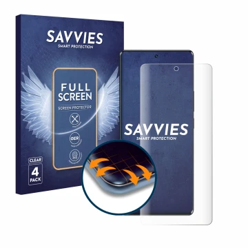 Parte frontal de un envase de producto con el logotipo de la marca Savvies. Al lado se muestra el dispositivo ZTE Blade V50 5G
