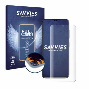 Parte frontal de un envase de producto con el logotipo de la marca Savvies. Al lado se muestra el dispositivo ZTE Blade V50S c
