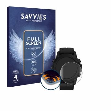 Parte frontal de un envase de producto con el logotipo de la marca Savvies. Al lado se muestra el dispositivo Garmin Descent G