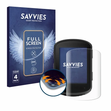 Parte frontal de un envase de producto con el logotipo de la marca Savvies. Al lado se muestra el dispositivo Garmin Edge 840 