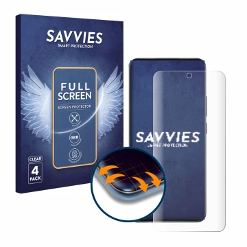 Parte frontal de un envase de producto con el logotipo de la marca Savvies. Al lado se muestra el dispositivo Oppo Reno 12 con