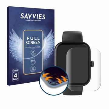 Parte frontal de un envase de producto con el logotipo de la marca Savvies. Al lado se muestra el dispositivo Hama Fit Watch 5