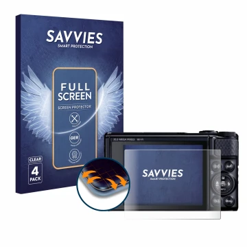Parte frontal de un envase de producto con el logotipo de la marca Savvies. Al lado se muestra el dispositivo Canon PowerShot 