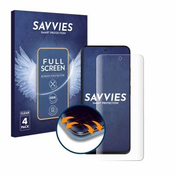 Parte frontal de un envase de producto con el logotipo de la marca Savvies. Al lado se muestra el dispositivo Motorola Moto G1