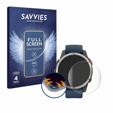 Parte frontal de un envase de producto con el logotipo de la marca Savvies. Al lado se muestra el dispositivo Garmin quatix 7 