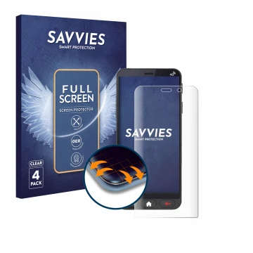 Parte frontal de un envase de producto con el logotipo de la marca Savvies. Al lado se muestra el dispositivo Brondi Amico Ver