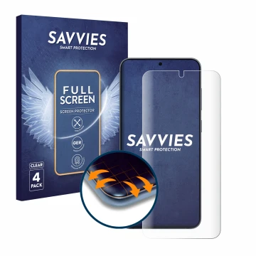 Parte frontal de un envase de producto con el logotipo de la marca Savvies. Al lado se muestra el dispositivo Samsung Galaxy S