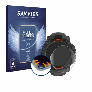 Parte frontal de un envase de producto con el logotipo de la marca Savvies. Al lado se muestra el dispositivo Garmin Instinct 