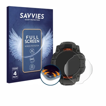 Parte frontal de un envase de producto con el logotipo de la marca Savvies. Al lado se muestra el dispositivo Garmin Instinct 