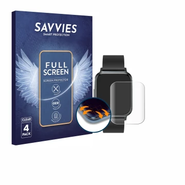 Parte frontal de un envase de producto con el logotipo de la marca Savvies. Al lado se muestra el dispositivo Braidol Smartwat