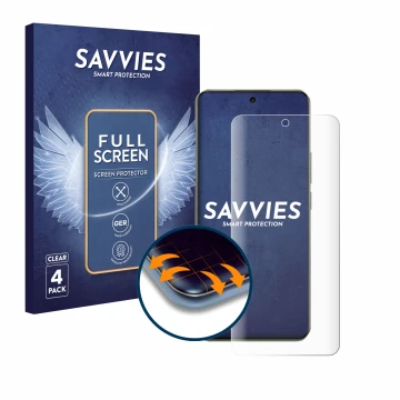 Parte frontal de un envase de producto con el logotipo de la marca Savvies. Al lado se muestra el dispositivo realme 14 Pro Pl