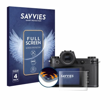 Parte frontal de un envase de producto con el logotipo de la marca Savvies. Al lado se muestra el dispositivo Leica SL3-S con 