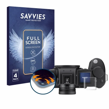 Parte frontal de un envase de producto con el logotipo de la marca Savvies. Al lado se muestra el dispositivo Leica SL3-S (pan
