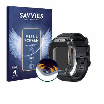 Parte frontal de un envase de producto con el logotipo de la marca Savvies. Al lado se muestra el dispositivo bedee Smartwatch