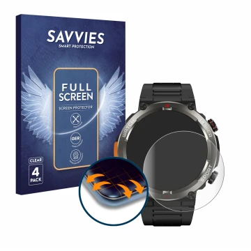Parte frontal de un envase de producto con el logotipo de la marca Savvies. Al lado se muestra el dispositivo Blackview W50 Pr