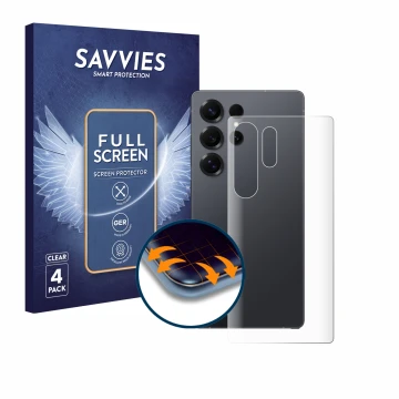 Parte frontal de un envase de producto con el logotipo de la marca Savvies. Al lado se muestra el dispositivo Samsung Galaxy S