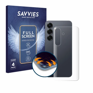 Parte frontal de un envase de producto con el logotipo de la marca Savvies. Al lado se muestra el dispositivo Samsung Galaxy S