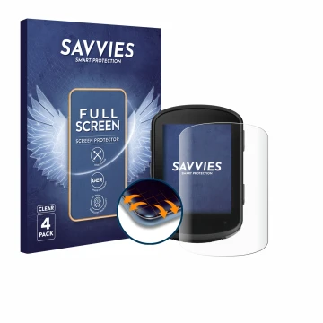 Parte frontal de un envase de producto con el logotipo de la marca Savvies. Al lado se muestra el dispositivo Garmin Edge 540 