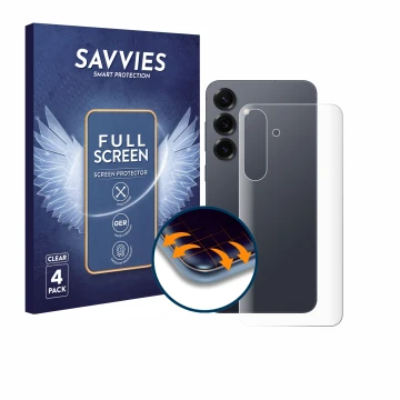 Parte frontal de un envase de producto con el logotipo de la marca Savvies. Al lado se muestra el dispositivo Samsung Galaxy S