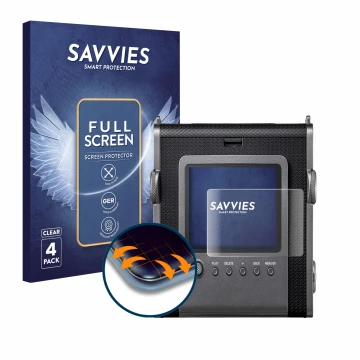 Parte frontal de un envase de producto con el logotipo de la marca Savvies. Al lado se muestra el dispositivo Fujifilm Instax 
