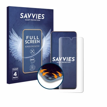 Parte frontal de un envase de producto con el logotipo de la marca Savvies. Al lado se muestra el dispositivo Samsung Galaxy S