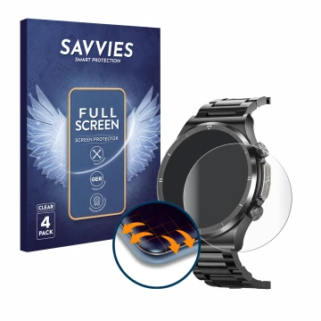 Parte frontal de un envase de producto con el logotipo de la marca Savvies. Al lado se muestra el dispositivo Banlvs Smartwatc
