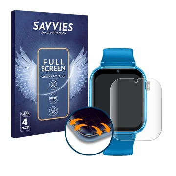 Parte frontal de un envase de producto con el logotipo de la marca Savvies. Al lado se muestra el dispositivo Maxcom FW59 Kidd