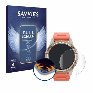 Parte frontal de un envase de producto con el logotipo de la marca Savvies. Al lado se muestra el dispositivo Xiaomi Mibro GS 