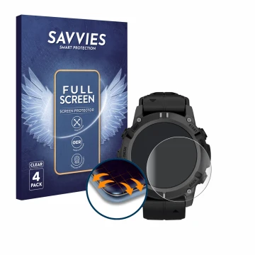 Parte frontal de un envase de producto con el logotipo de la marca Savvies. Al lado se muestra el dispositivo Garmin Descent G