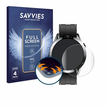 Parte frontal de un envase de producto con el logotipo de la marca Savvies. Al lado se muestra el dispositivo Tracer Smartwatc