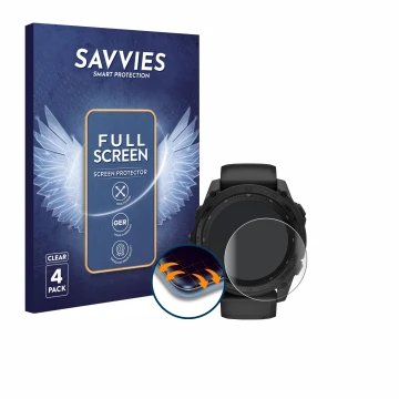 Parte frontal de un envase de producto con el logotipo de la marca Savvies. Al lado se muestra el dispositivo Garmin Tactix 8 
