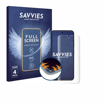 Parte frontal de un envase de producto con el logotipo de la marca Savvies. Al lado se muestra el dispositivo ZTE Blade V70 Vi