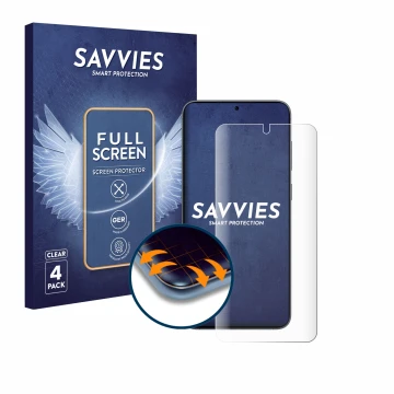 Parte frontal de un envase de producto con el logotipo de la marca Savvies. Al lado se muestra el dispositivo Samsung Galaxy S