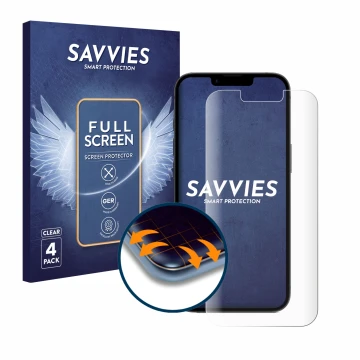 Parte frontal de un envase de producto con el logotipo de la marca Savvies. Al lado se muestra el dispositivo Apple iPhone 16e