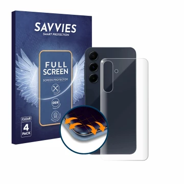 Parte frontal de un envase de producto con el logotipo de la marca Savvies. Al lado se muestra el dispositivo Samsung Galaxy A