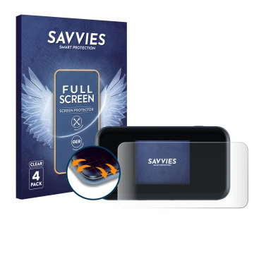 Parte frontal de un envase de producto con el logotipo de la marca Savvies. Al lado se muestra el dispositivo ZTE MU5002 con s