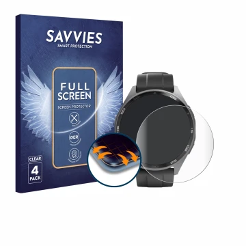 Parte frontal de un envase de producto con el logotipo de la marca Savvies. Al lado se muestra el dispositivo Hama Smartwatch 