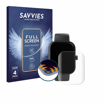 Parte frontal de un envase de producto con el logotipo de la marca Savvies. Al lado se muestra el dispositivo Hama Smartwatch 