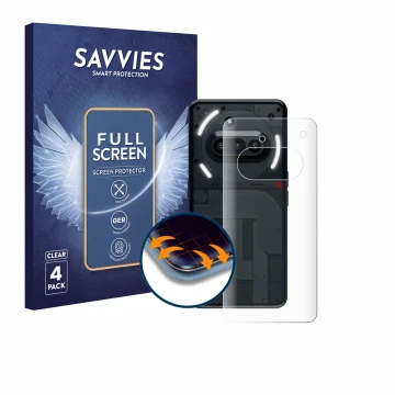Parte frontal de un envase de producto con el logotipo de la marca Savvies. Al lado se muestra el dispositivo Nothing Phone (3
