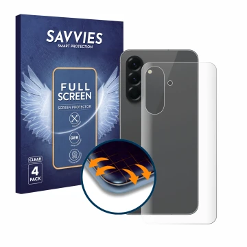 Parte frontal de un envase de producto con el logotipo de la marca Savvies. Al lado se muestra el dispositivo Samsung Galaxy A