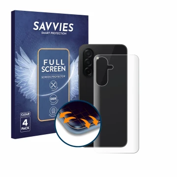 Parte frontal de un envase de producto con el logotipo de la marca Savvies. Al lado se muestra el dispositivo Samsung Galaxy A