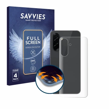 Parte frontal de un envase de producto con el logotipo de la marca Savvies. Al lado se muestra el dispositivo Samsung Galaxy A